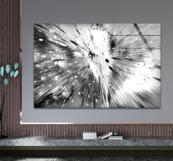 Monochrome Explosion Wall Art – Abstract Black and White Glass Print