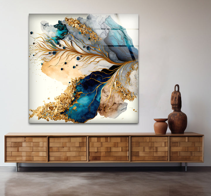 Abstrakte Glaswandkunst in Gold und Blau – Luxuriöses, modernes, fließendes Design