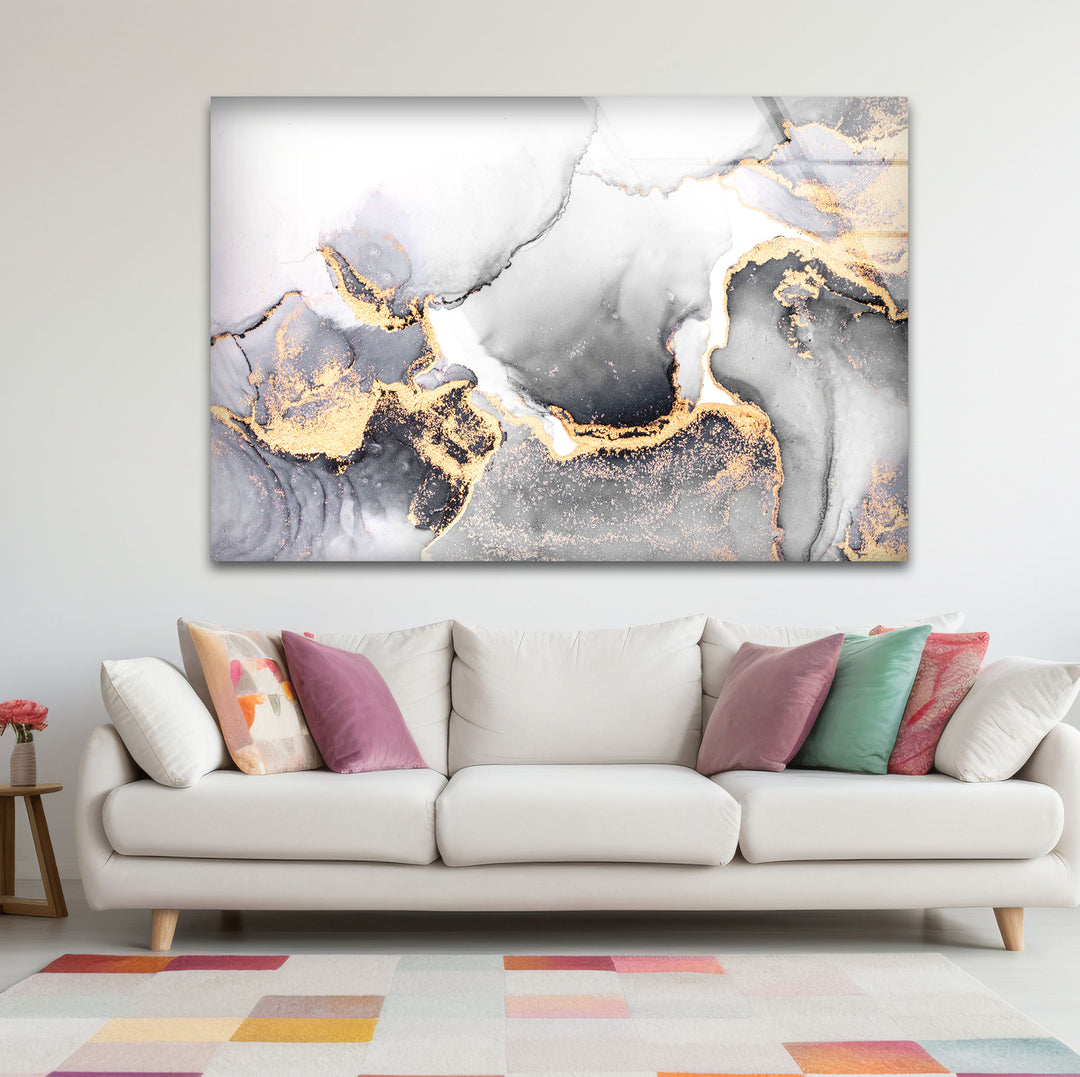 Monochrome Marble Glass Wall Art – Black White & Gold Luxury Abstract Print