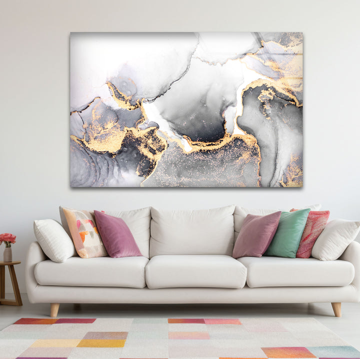 Monochrome Marble Glass Wall Art – Black White & Gold Luxury Abstract Print