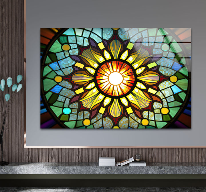 Strahlende Buntglas-Wandkunst mit Sonnenstrahlen – Buntes Mandala-Fensterpaneel 