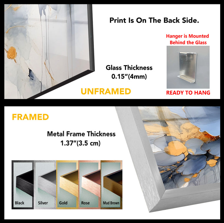 Blue Gold Blossom Wall Art – Elegant Floral Glass Print for Home Décor