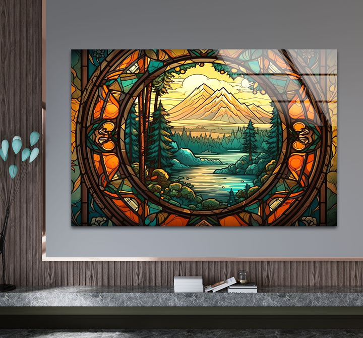 Stained Glass Mountain Landscape – Scenic Forest & River Window Panel