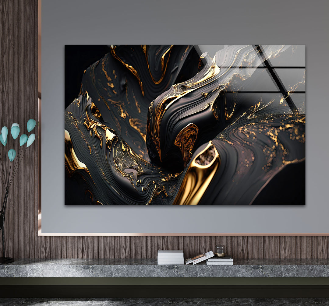 Black Gold Swirl Wall Art – Luxury Abstract Fluid Glass Print for Interiors