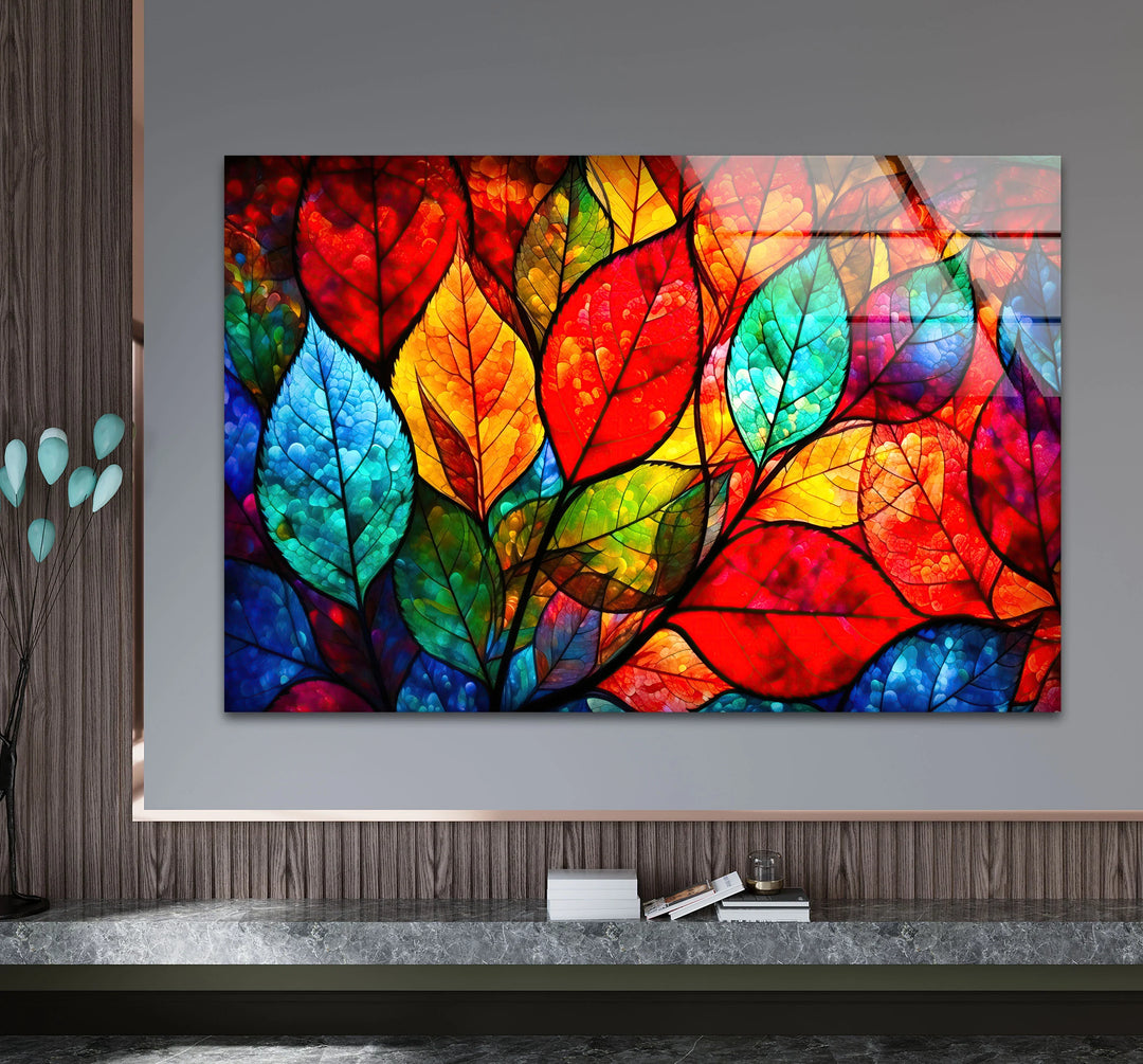 Vibrant Stained Glass Leaf Wall Art – Colorful Botanical Glass Decor - MyPhotoStation