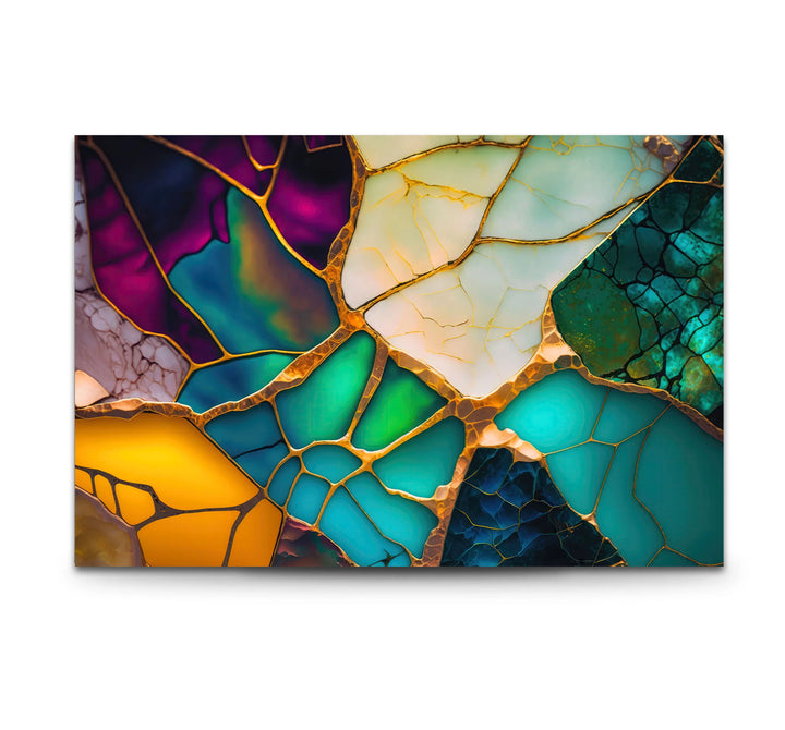 Colorful Abstract Stained Glass Wall Art – Golden Fractured Modern Glass Print - MyPhotoStation