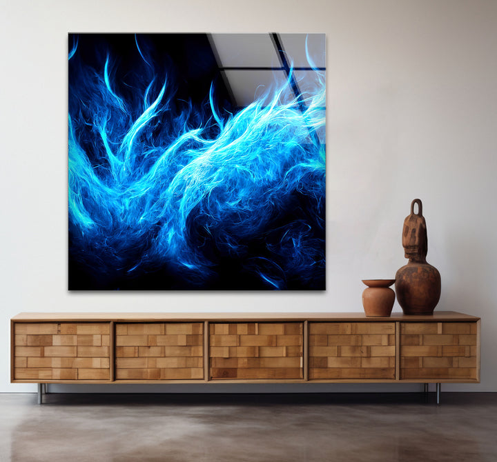 Blue Flame Abstract Glass Wall Art – Fiery Energy & Modern Decor