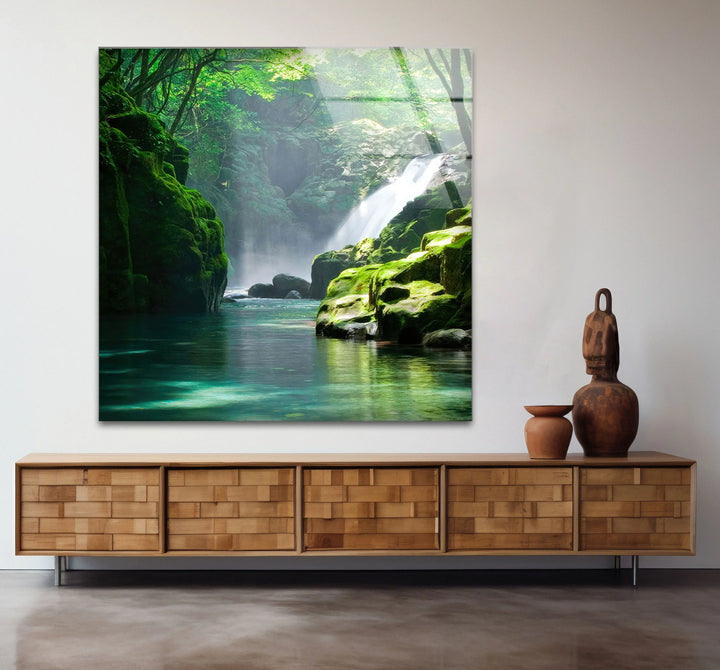 Tranquil Forest Waterfall Wall Art – Serene Nature Glass Print for Zen-Inspired Decor - MyPhotoStation