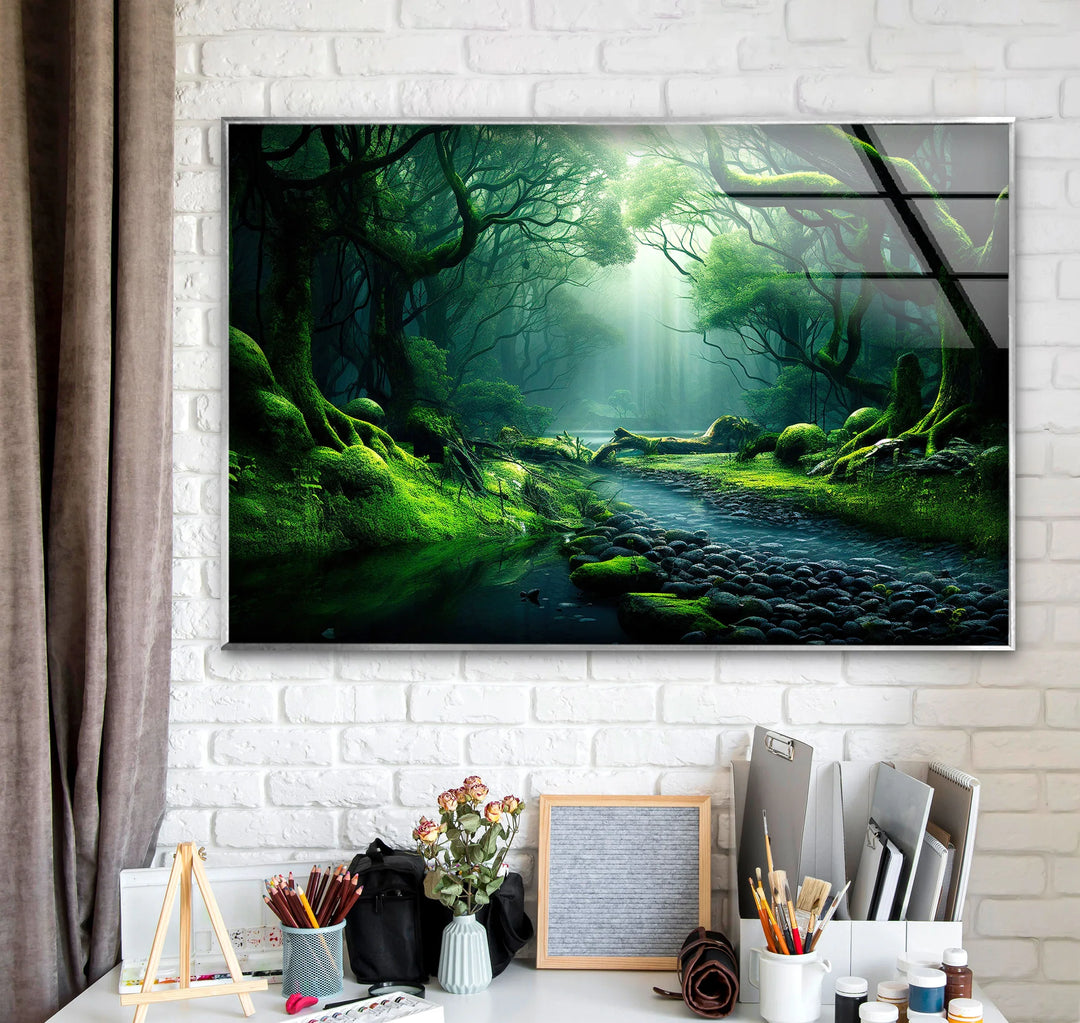 Mystical Enchanted Forest Stream Wall Art – Lush Green Nature Glass Print - MyPhotoStation