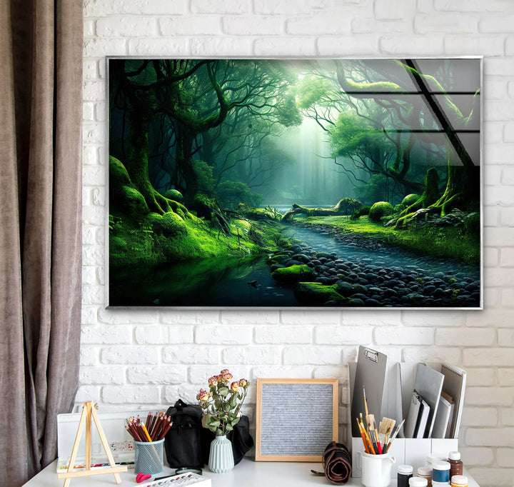 Mystical Enchanted Forest Stream Wall Art – Lush Green Nature Glass Print - MyPhotoStation