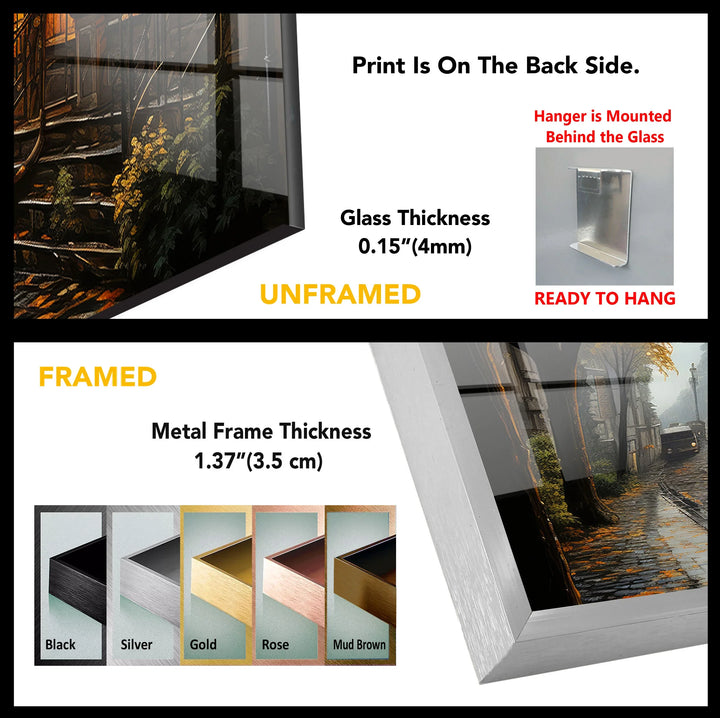 Rainy Vintage Street Wall Art – Warm Autumn Cityscape Glass Print - MyPhotoStation