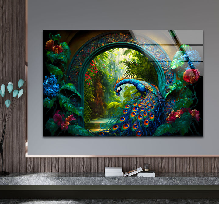 Majestic Peacock Garden Glass Wall Art – Elegant Nature-Inspired Decor