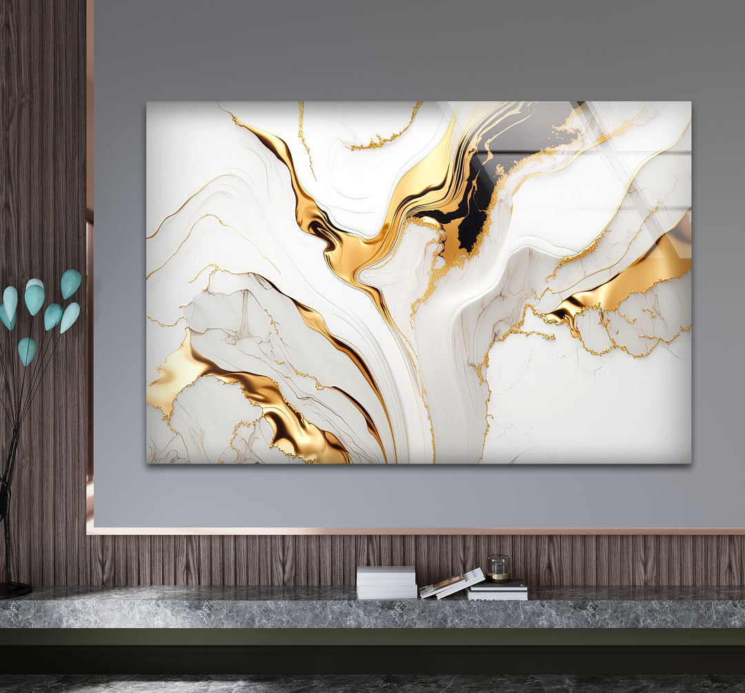 White Gold Marble Abstract Wall Art – Modern Luxury Glass Print for Elegant Interiors