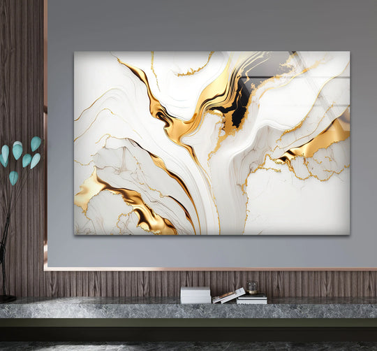 Fluid white and gold marble curves create the softest element on this elegant glass art print.