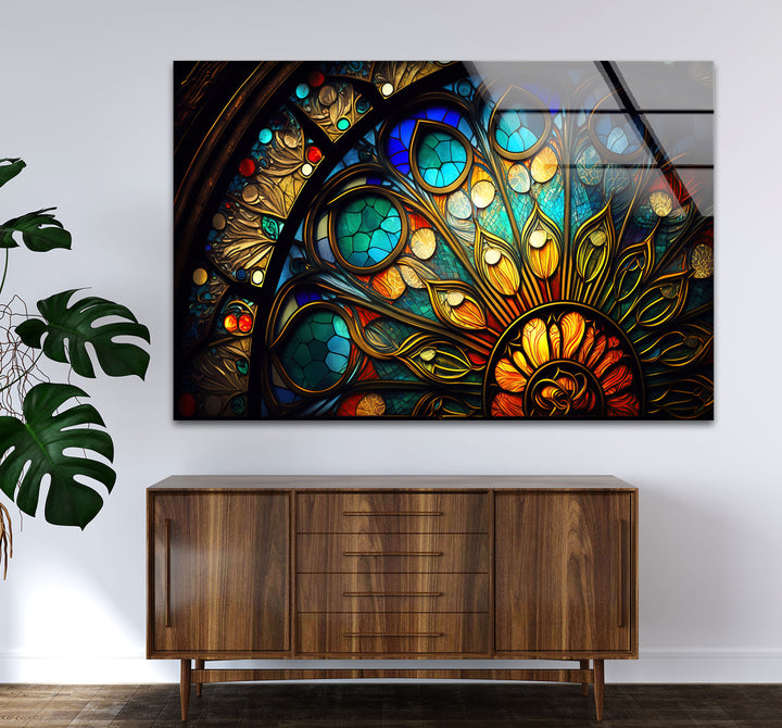 Buntglasfensterkunst – Elegantes gotisches Rosettenfenster-Design