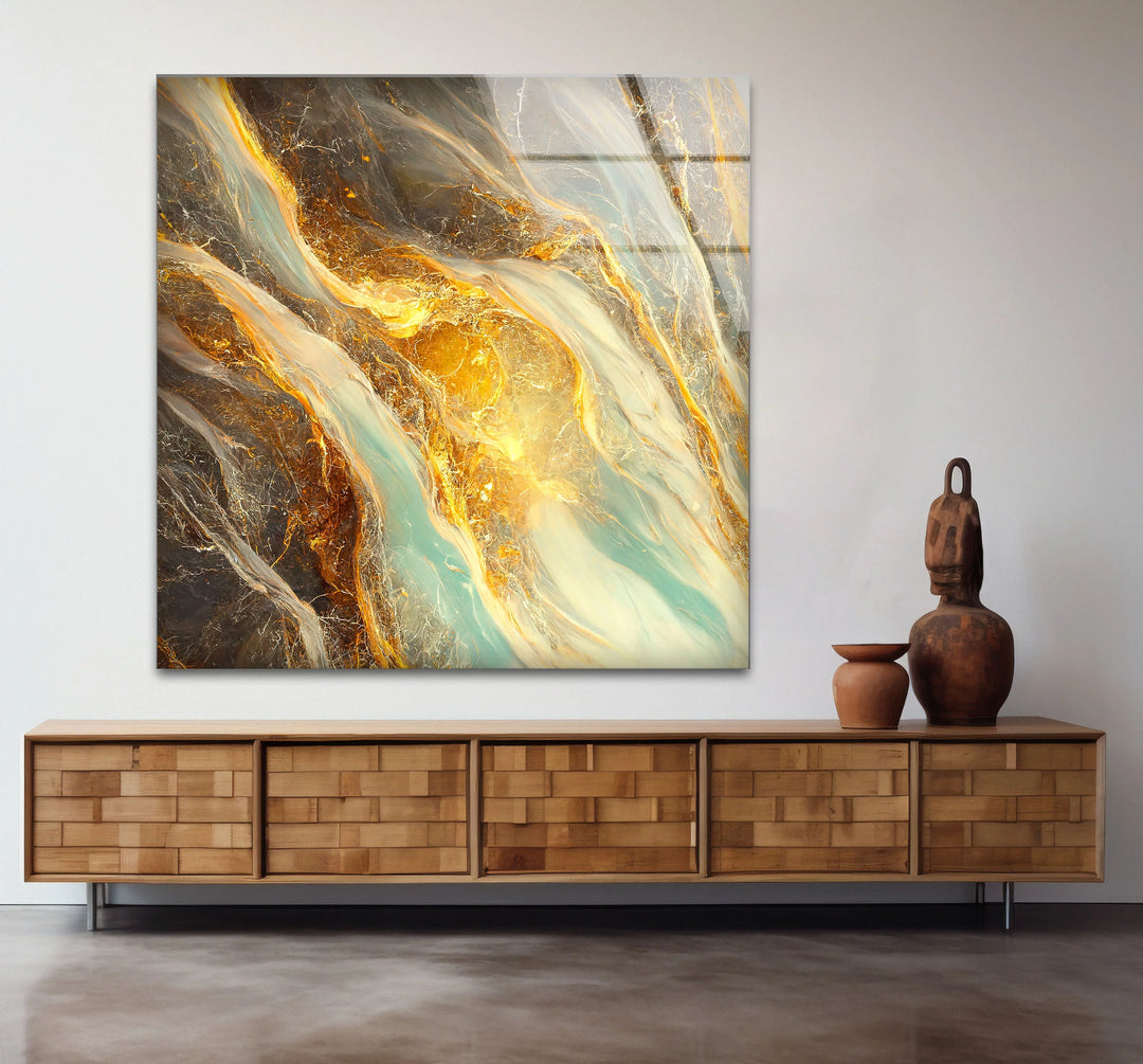 Gold Teal Marble Wall Art – Abstract Glass Print with Fiery Metallic Flow for Modern Elegant Interiors - MyPhotoStation
