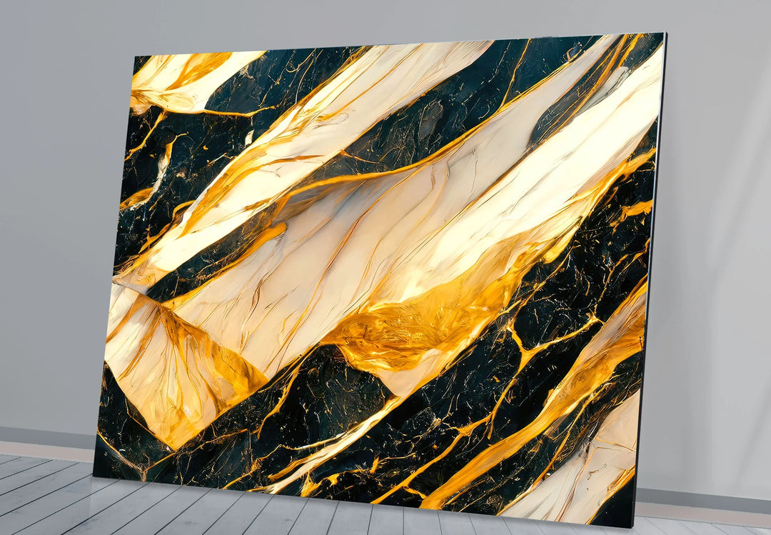 Luxury Black Marble Glass Wall Art with Gold and White Fluid Veins – Modern Abstract Decor - MyPhotoStation