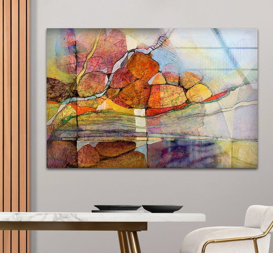 Enchanting abstract stone reflection glass wall art prints evoke a serene, earthy mood.