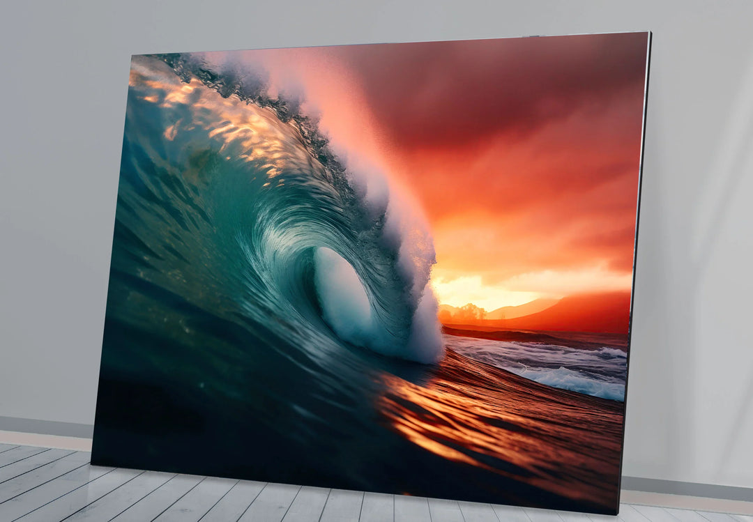 Sunset Barrel Wave Wall Art – Ocean Wave Glass Print for Coastal Home Decor - MyPhotoStation