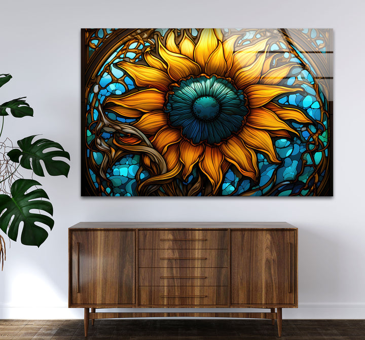 Sonnenblumen-Buntglas-Wandkunst – Lebendiges, florales, von der Natur inspiriertes Dekor 