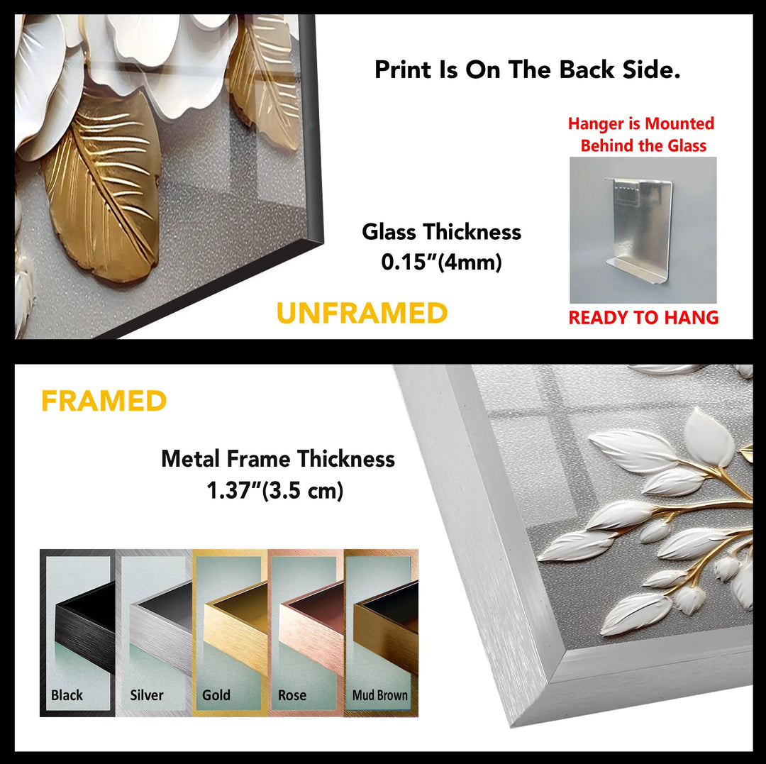 White Gold Floral Wall Art – 3D Textured Flower Print on Glass Panel - MyPhotoStation
