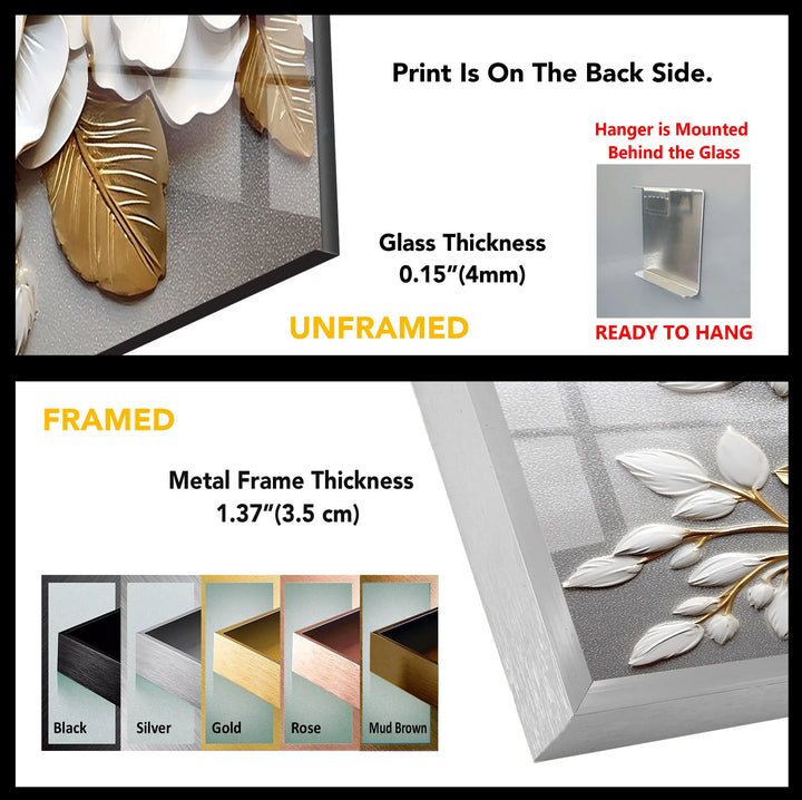 White Gold Floral Wall Art – 3D Textured Flower Print on Glass Panel - MyPhotoStation