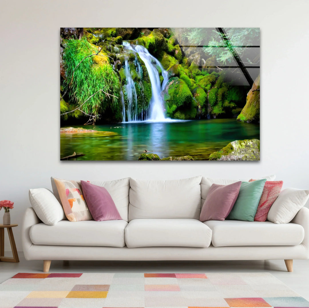 Forest Waterfall Wall Art – Serene Glass Landscape Print with Lush Green Moss and Crystal Clear Stream for Nature-Inspired Interiors - MyPhotoStation