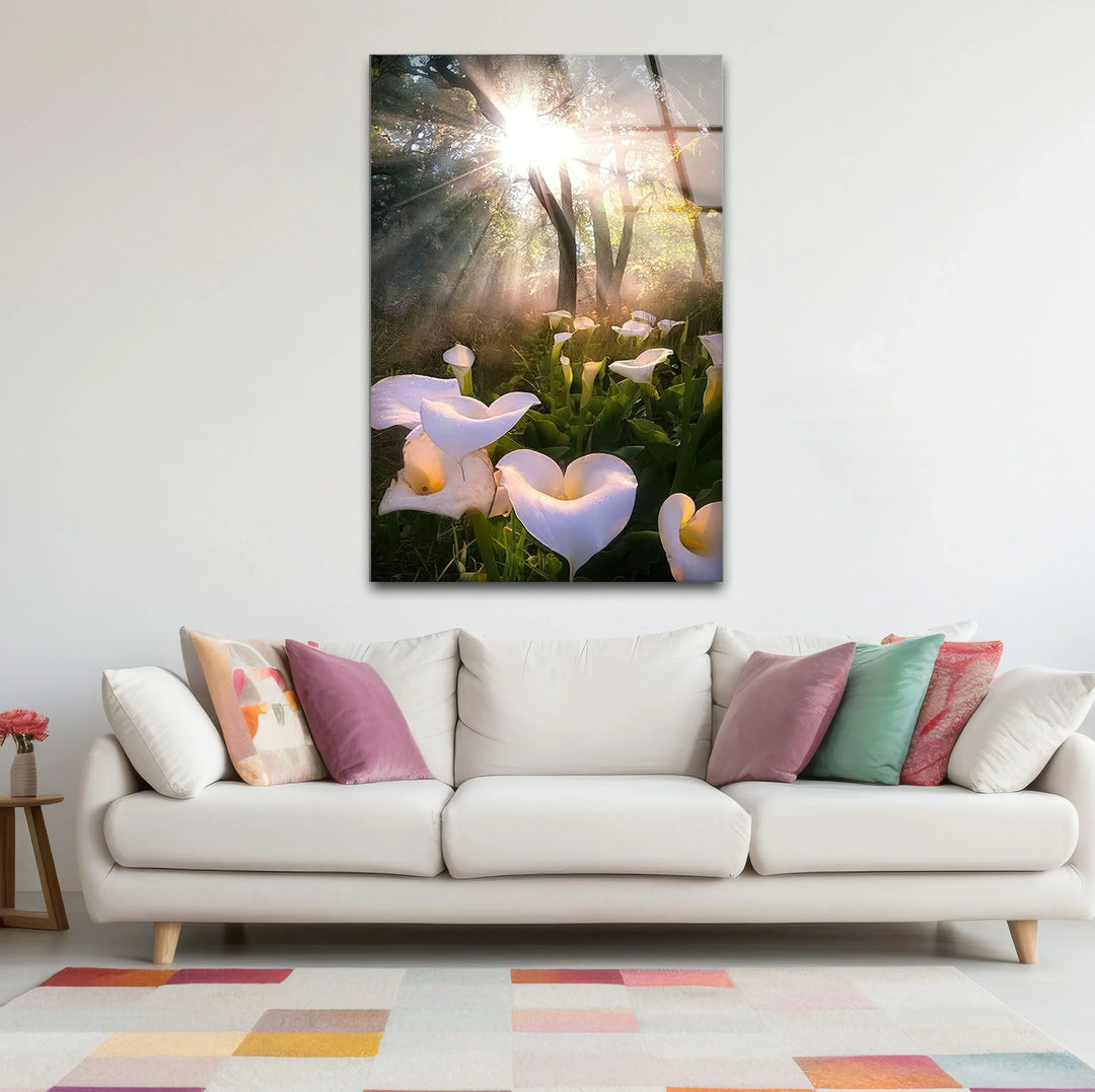 White Lily Forest Wall Art – Sunlit Flower Glass Print, Peaceful Botanical Nature Decor for Bedroom or Living Room - MyPhotoStation