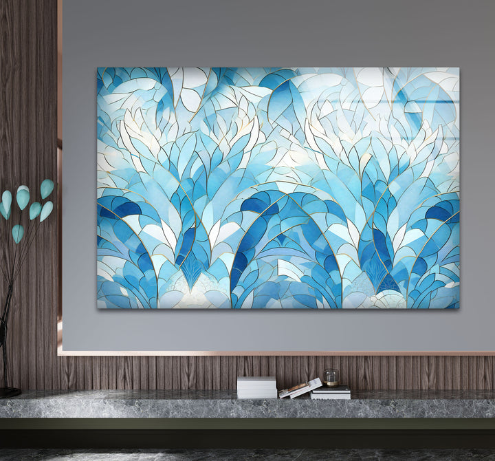 Ocean Leaf Stained Glass Wall Art – Blue Botanical Window Panel, Calming Nature Decor