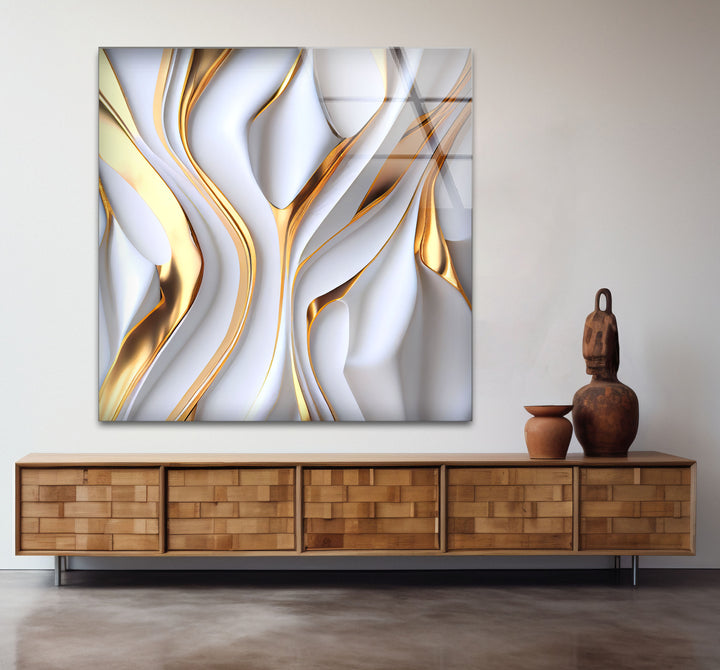 Gold White Abstract Wall Art – Luxury Fluid Texture Glass Print for Modern Interiors