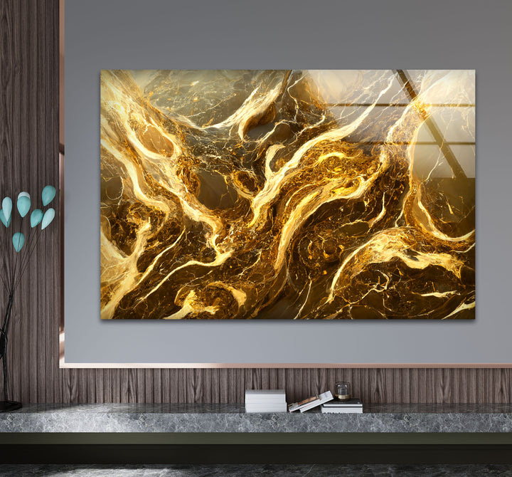 Molten Gold Marble Wall Art – Abstract Luxury Glass Print for Modern Decor