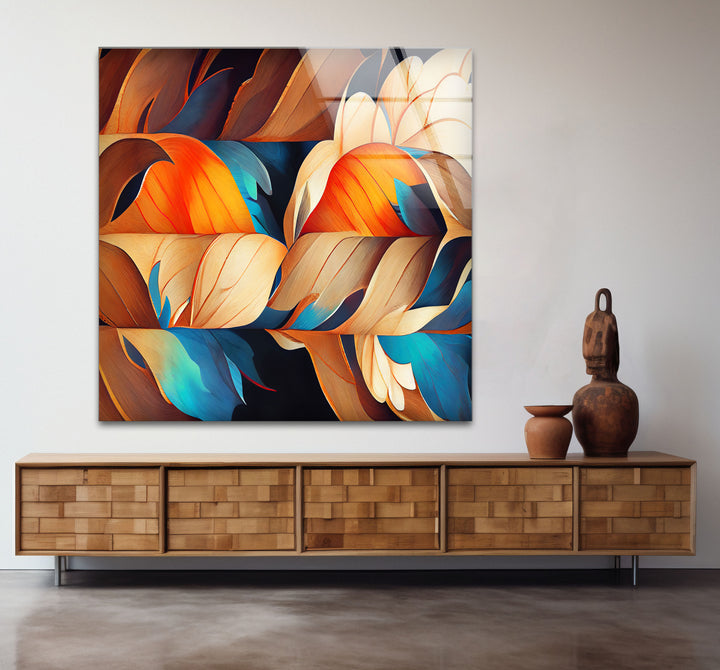 Abstract Feather Flow Glass Wall Art – Earthy Orange & Teal Nature Design