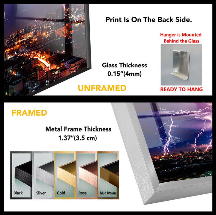 Purple Lightning Storm Over Cityscape – Dramatic Night Sky Glass Wall Art