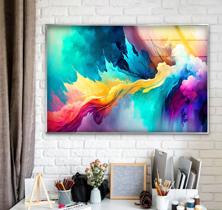 Explosive Color Abstract Glass Wall Art – Vibrant Turquoise & Yellow Energy - MyPhotoStation