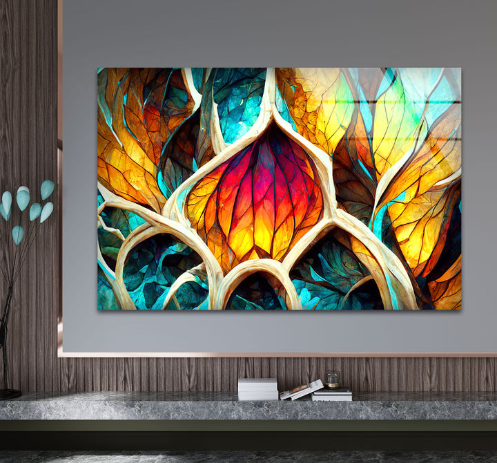 Von der Natur inspirierte Buntglas-Wandkunst – Abstraktes Blattdesign 