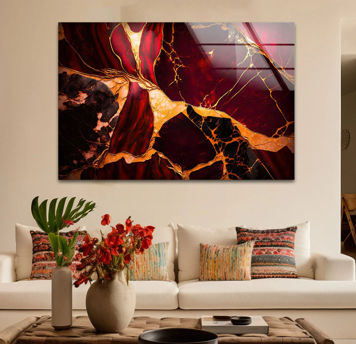 Red and Gold Marble Wall Art – Luxurious Crimson Glass Print with Cracked Vein Pattern for Bold Modern Interiors - MyPhotoStation