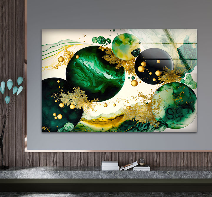 Emerald & Gold Abstract Glass Wall Art – Modern Luxury Home Decor