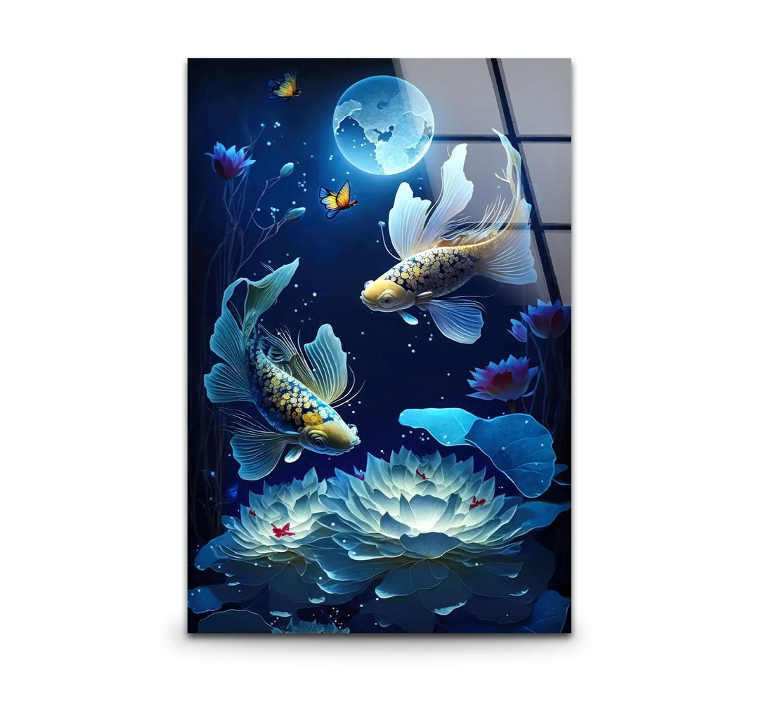 Moonlit Koi Fish and Lotus Wall Art – Tranquil Blue Glass Panel for Zen Decor