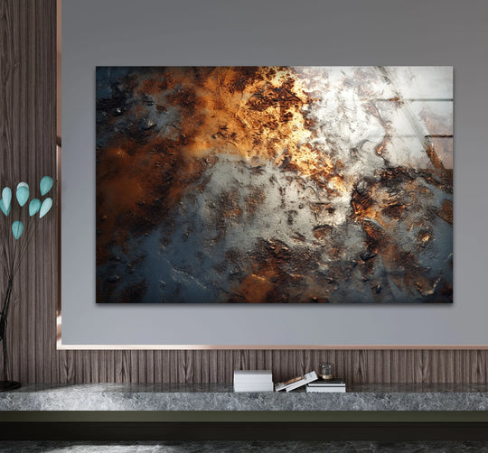 Close-up of industrial rust texture, a unique metal wall art with abstract patina tones and a metallic sheen.