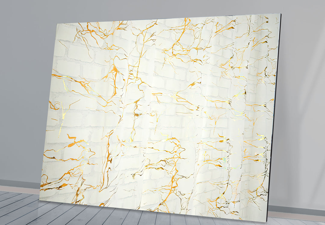 White Marble Texture Glass Wall Art with Gold Veins – Modern Minimalist Decor
