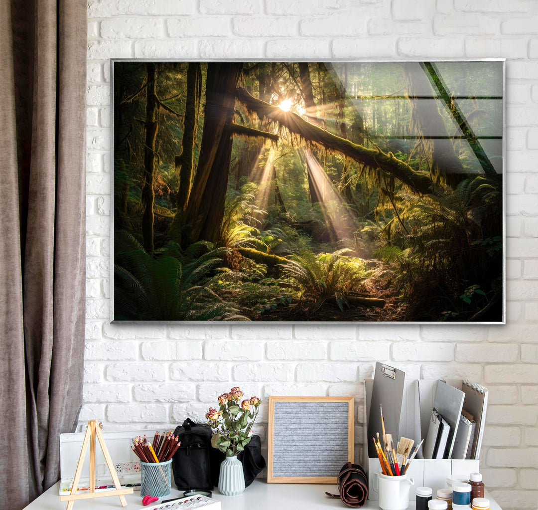 Enchanted Forest Wall Art – Sunlight Through Trees Glass Print for Nature-Inspired Decor