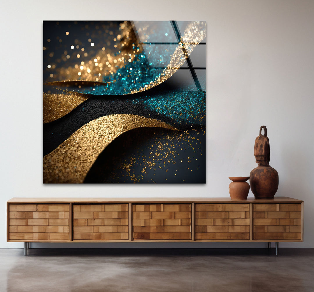 Gold Teal Glitter Wave Wall Art – Luxury Sparkle Abstract Glass Print