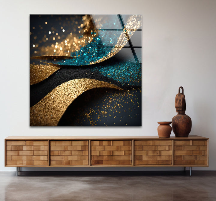 Gold Teal Glitter Wave Wall Art – Luxury Sparkle Abstract Glass Print