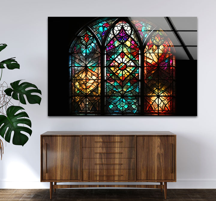 Gothic Cathedral Stained Glass Wall Art – Colorful Sacred Window Panel Decor
