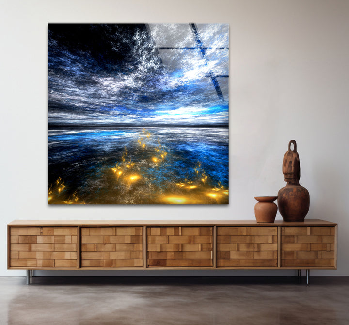 Celestial Ocean Light Wall Art – Abstract Blue and Gold Horizon Glass Print
