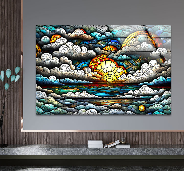 Stained Glass Sunrise Cloudscape Wall Art – Serene Horizon Decor