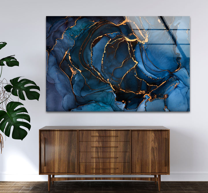 Midnight Blue Gold Abstract Wall Art – Luxury Fluid Ink Glass Print