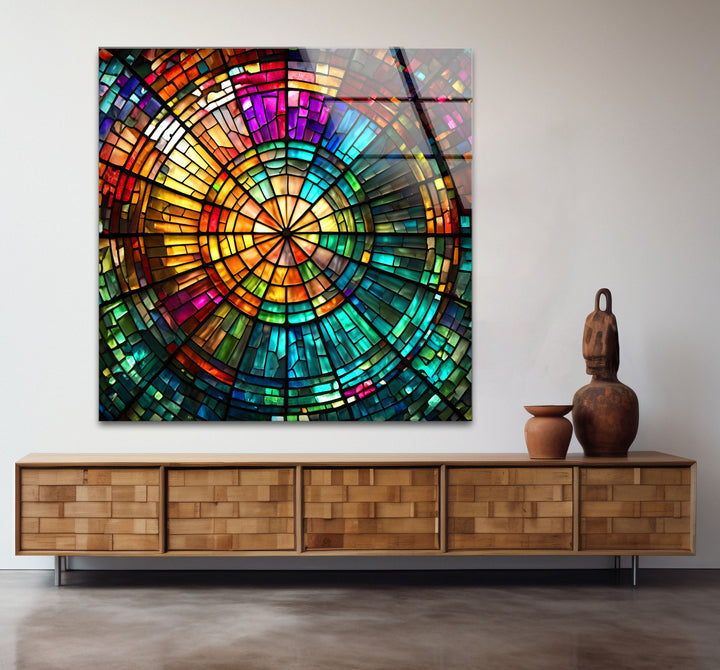 Strahlende Mosaik-Wandkunst aus Buntglas – Farbenfrohes, kreisförmiges Fensterdesign 