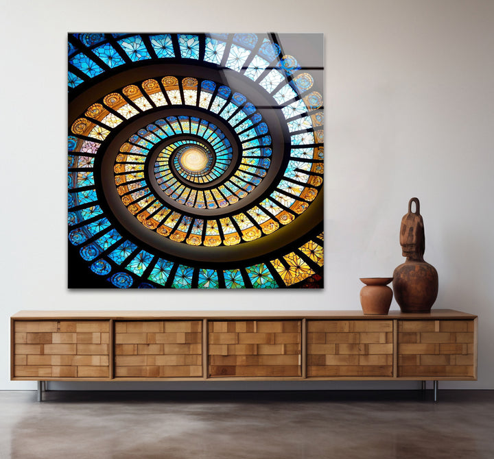 Spiral Stained Glass Window Art – Vibrant Mosaic Spiral for Home Decor