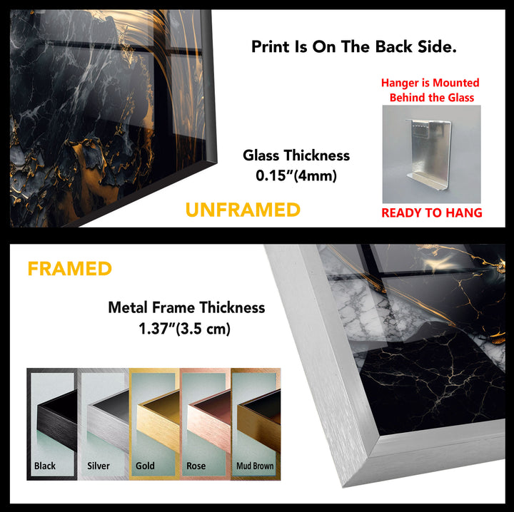 Black Marble Gold Flow Wall Art – Luxury Abstract Glass Print for Modern Interiors